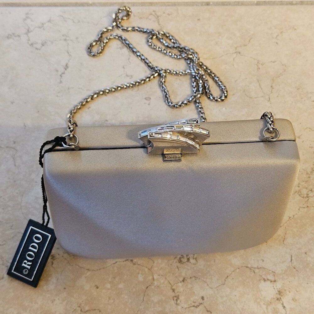 RARE NWT COUTURE RODO ITALY BEIGE SWAROVSKI CRYSTAL EVENING SHOULDER BAG CLUTCH
